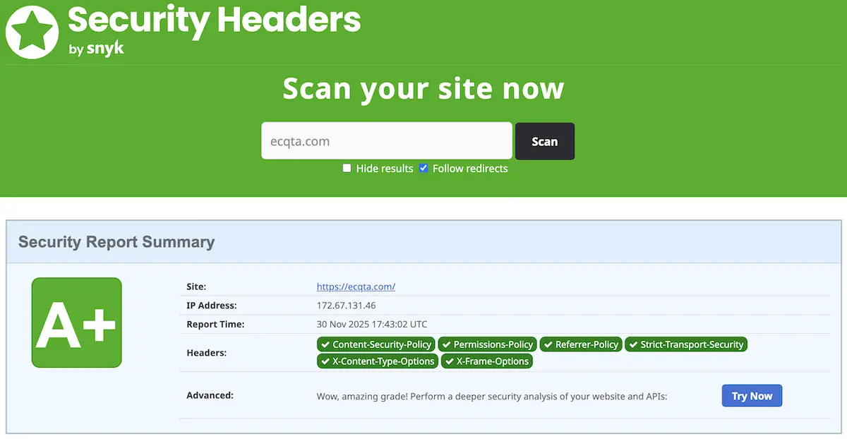Security Headers A+ Grade